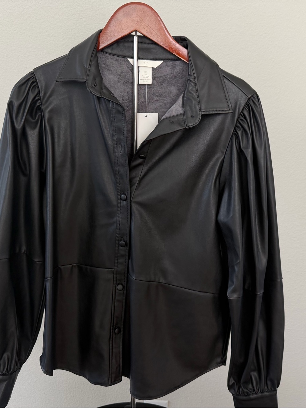 H&M Black Faux Leather Button-Up Jacket with Puff Sleeves